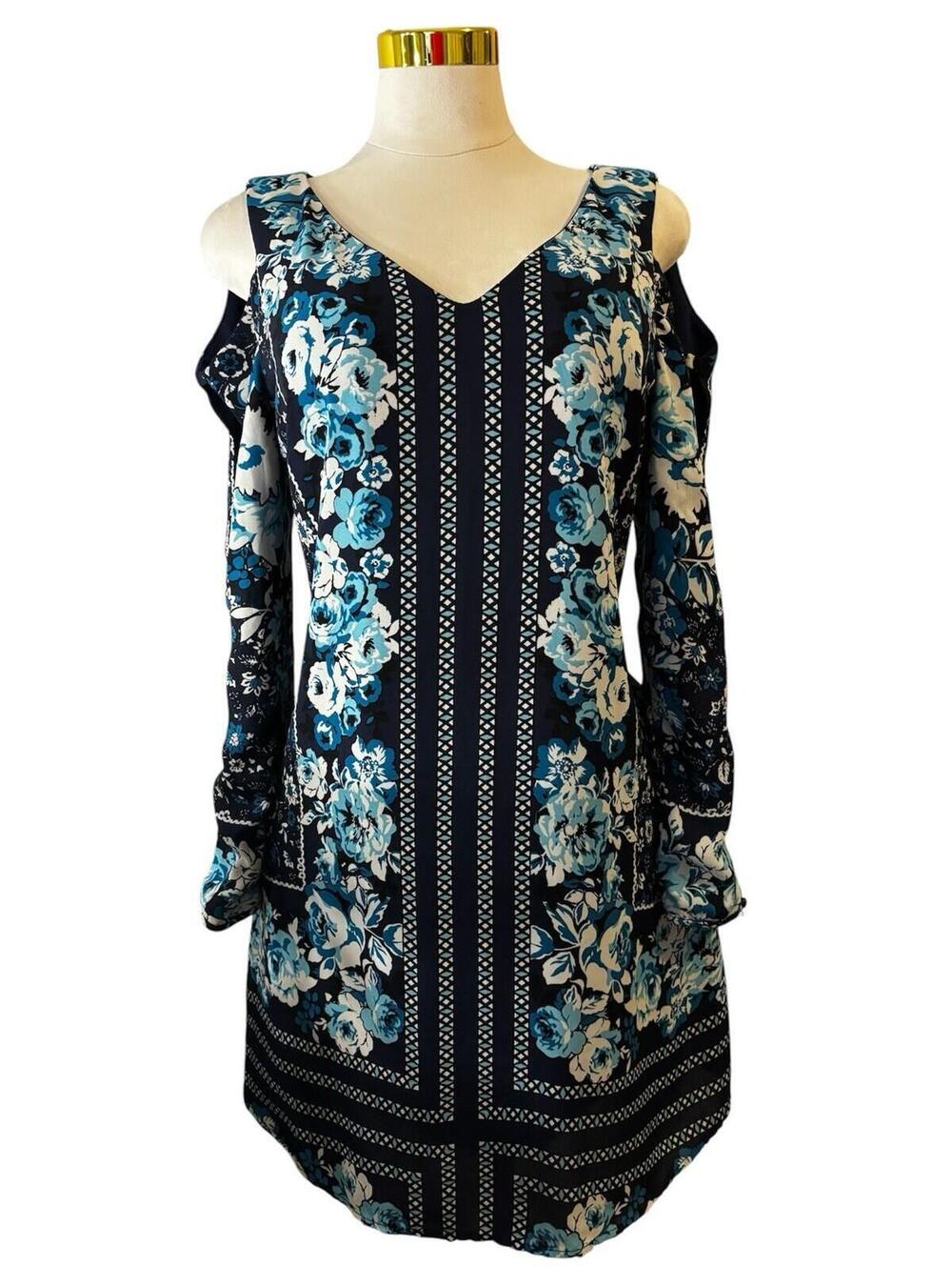 Luxology Women’s Size 12 Boho Floral Dress Blue Cutout Sleeves Lined